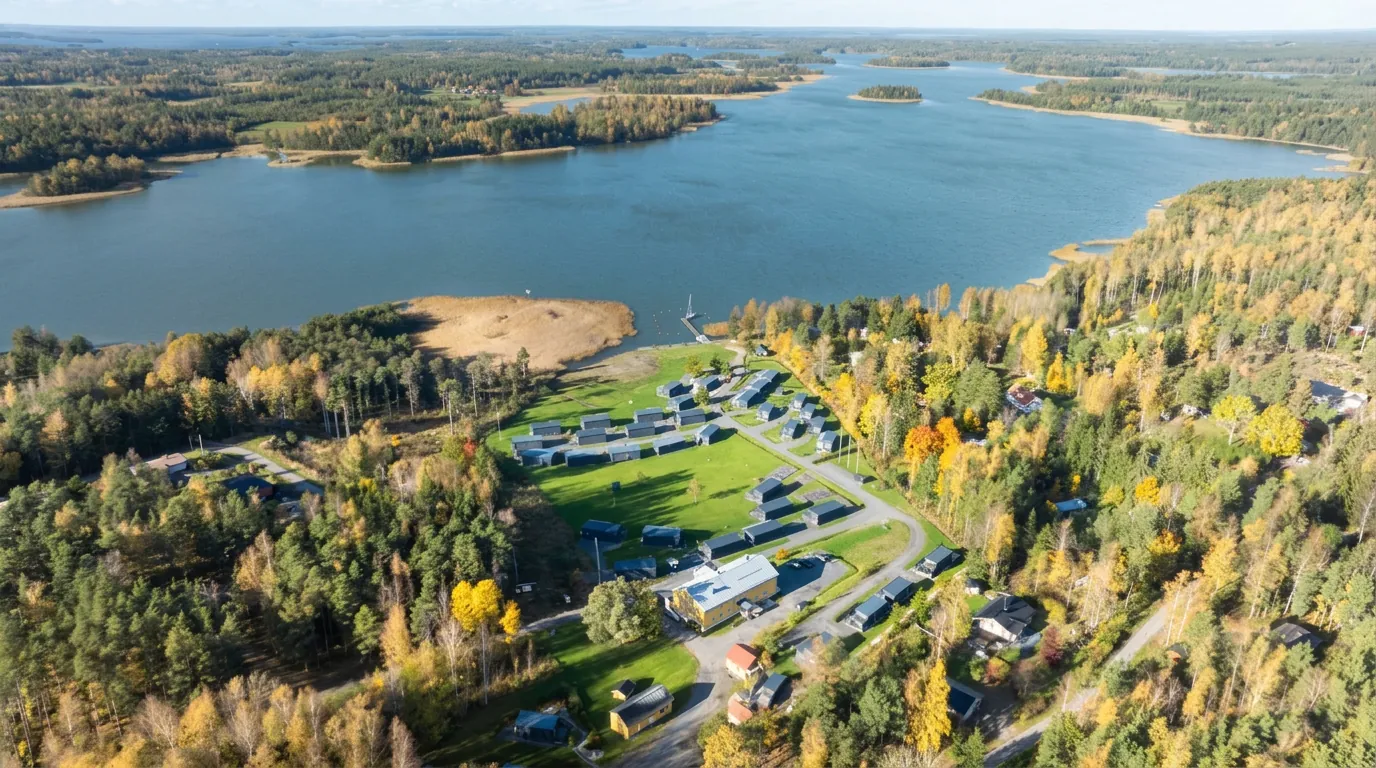 Ilmakuva syksyisestä saaristosta ja lahdesta